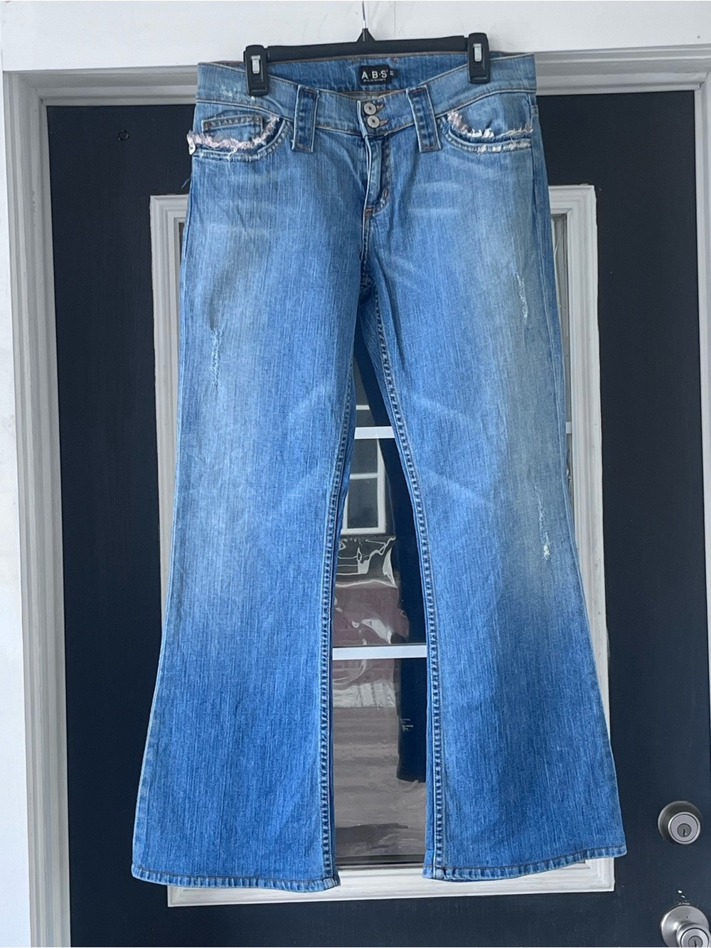 A.B.S. By Allen Schwartz Y2k embellished lace detail jeans, wide leg, bootcut